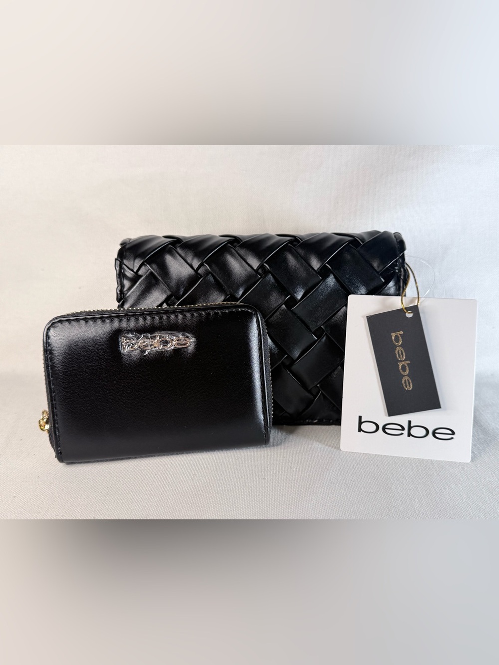 bebe Black Woven Crossbody Bag with Black Zip Wallet Set